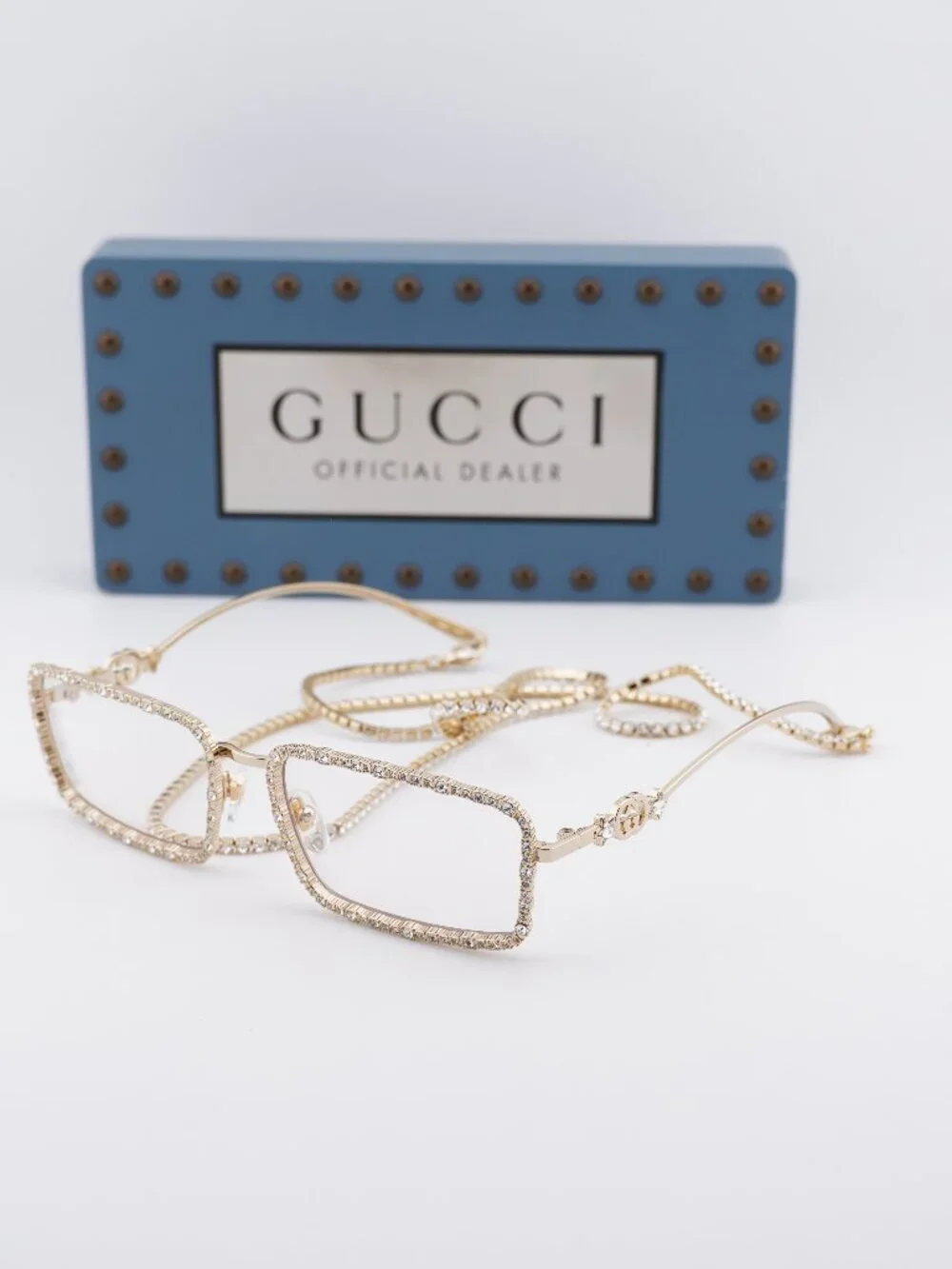 Gucci GG1568S 002 Rectangle Sunglasses - Gold with Gold Chain